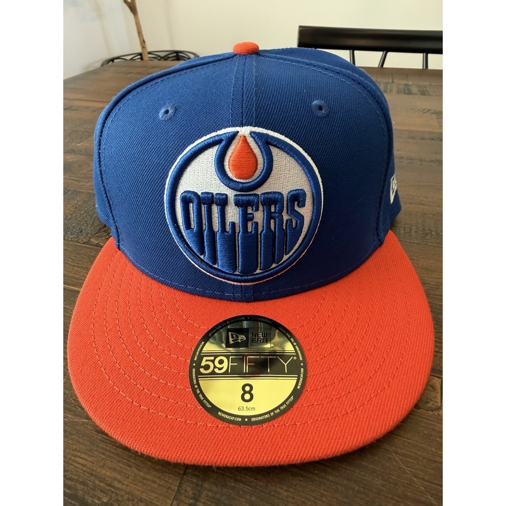 Edmonton Oilers Hat Cap Sz 8 Blue New Era 59FIFTY NHL Hockey Fitted Green Visor